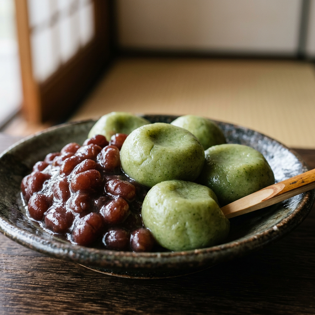Matcha shiratama with sweet red bean paste made with a First and Second Harvest Matcha blend