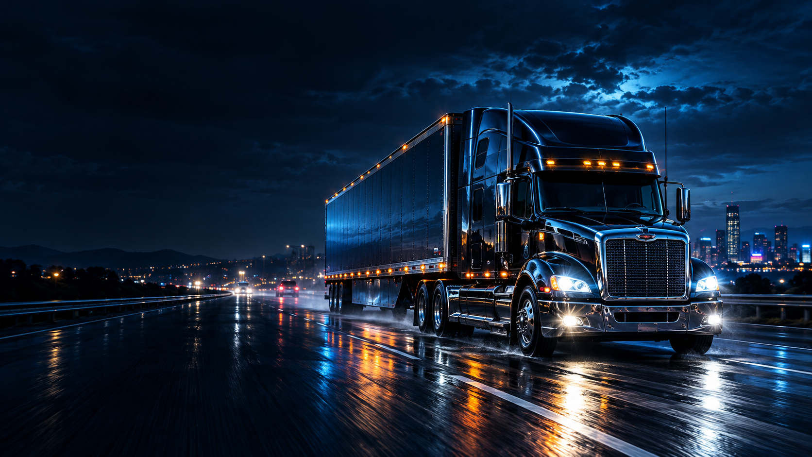 Complete tractor and long enclosed trailer travelling together on an open highway